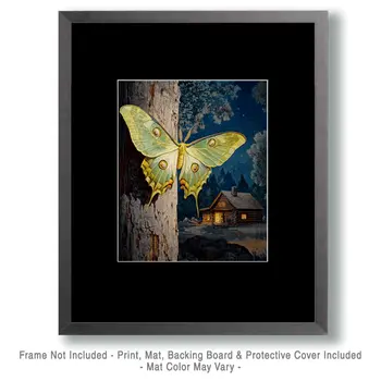 Luna Moth and Cabin - Log Cabin Companions Wall Art Prints – 8″x10″ Artwork for 11″x14″ Frame