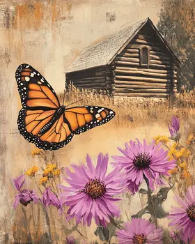 Monarch Butterfly in Cabin Yard - Log Cabin Companions Wall Art Prints – 8″x10″ Artwork for 11″x14″ Frame