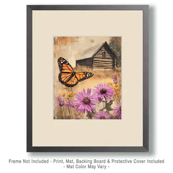 Monarch Butterfly in Cabin Yard - Log Cabin Companions Wall Art Prints – 8″x10″ Artwork for 11″x14″ Frame