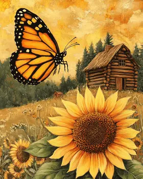 Monarch Butterfly and Sunflower - Log Cabin Companions Wall Art Prints – 8″x10″ Artwork for 11″x14″ Frame