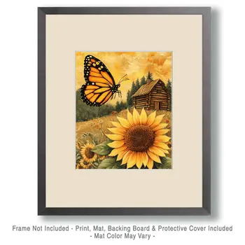 Monarch Butterfly and Sunflower - Log Cabin Companions Wall Art Prints – 8″x10″ Artwork for 11″x14″ Frame
