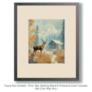 Buck Deer in Backyard - Log Cabin Companions Wall Art Prints – 8″x10″ Artwork for 11″x14″ Frame