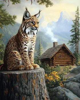 Bobcat in Backyard - Log Cabin Companions Wall Art Prints – 8″x10″ Artwork for 11″x14″ Frame