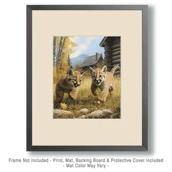 Mountain Lion Cubs Playing - Log Cabin Companions Wall Art Prints – 8″x10″ Artwork for 11″x14″ Frame