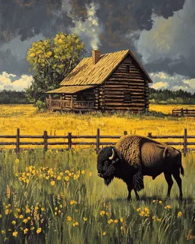 Bison Grazing by Homestead - Log Cabin Companions Wall Art Prints – 8″x10″ Artwork for 11″x14″ Frame