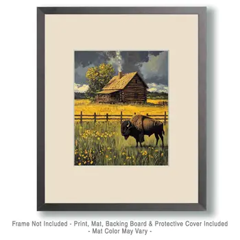 Bison Grazing by Homestead - Log Cabin Companions Wall Art Prints – 8″x10″ Artwork for 11″x14″ Frame
