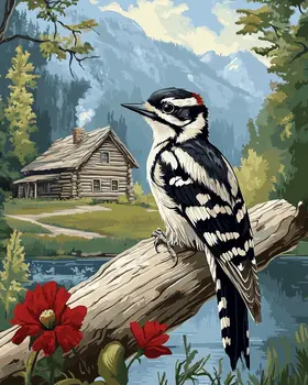 Downy Woodpecker by Homestead - Log Cabin Companions Wall Art Prints – 8″x10″ Artwork for 11″x14″ Frame