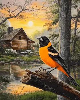 Baltimore Oriole by Homestead - Log Cabin Companions Wall Art Prints – 8″x10″ Artwork for 11″x14″ Frame