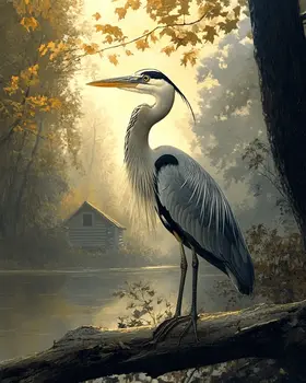 Great Blue Heron by Homestead - Log Cabin Companions Wall Art Prints – 8″x10″ Artwork for 11″x14″ Frame