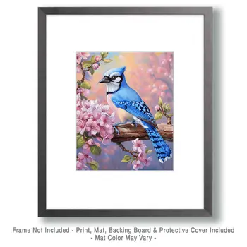 Bluejay in Springtime - Log Cabin Companions Wall Art Prints – 8″x10″ Artwork for 11″x14″ Frame