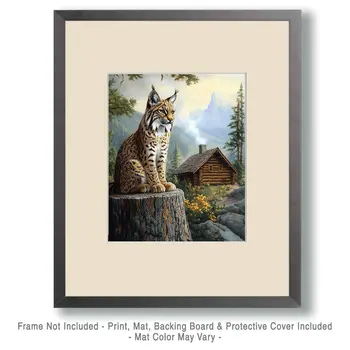Bobcat in Backyard - Log Cabin Companions Wall Art Prints – 8″x10″ Artwork for 11″x14″ Frame