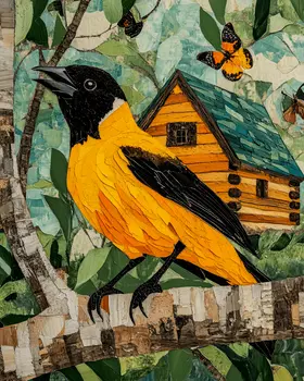 Folk Art Baltimore Oriole - Log Cabin Companions Wall Art Prints – 8″x10″ Artwork for 11″x14″ Frame