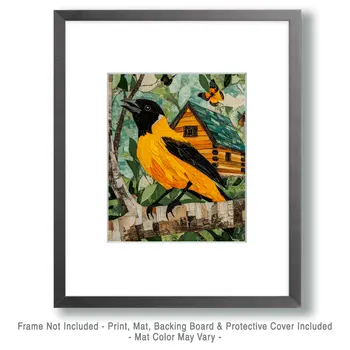 Folk Art Baltimore Oriole - Log Cabin Companions Wall Art Prints – 8″x10″ Artwork for 11″x14″ Frame