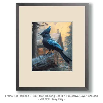 Steller's Jay by Homestead - Log Cabin Companions Wall Art Prints – 8″x10″ Artwork for 11″x14″ Frame