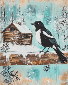 Folk Art Magpie by Homestead - Log Cabin Companions Wall Art Prints – 8″x10″ Artwork for 11″x14″ Frame