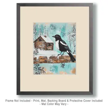 Folk Art Magpie by Homestead - Log Cabin Companions Wall Art Prints – 8″x10″ Artwork for 11″x14″ Frame