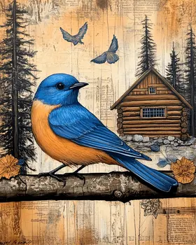Folk Art Bluebird by Homestead - Log Cabin Companions Wall Art Prints – 8″x10″ Artwork for 11″x14″ Frame
