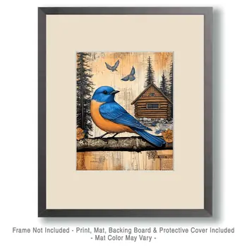 Folk Art Bluebird by Homestead - Log Cabin Companions Wall Art Prints – 8″x10″ Artwork for 11″x14″ Frame