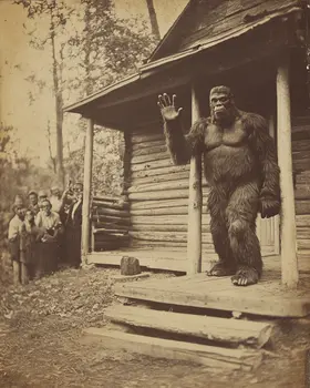 Bigfoot on the Porch Waving - Log Cabin Companions Wall Art Prints – 8″x10″ Artwork for 11″x14″ Frame