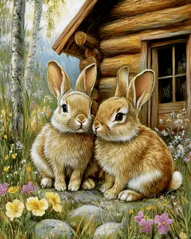 Two Bunnies by Homestead - Log Cabin Companions Wall Art Prints – 8″x10″ Artwork for 11″x14″ Frame