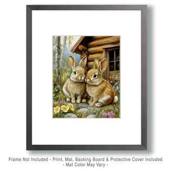 Two Bunnies by Homestead - Log Cabin Companions Wall Art Prints – 8″x10″ Artwork for 11″x14″ Frame
