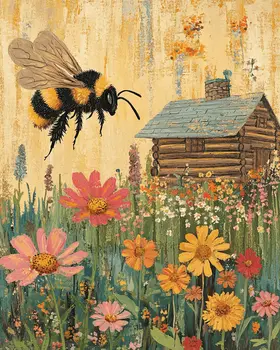 Folk Art Bumblebee by Homestead - Log Cabin Companions Wall Art Prints – 8″x10″ Artwork for 11″x14″ Frame