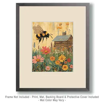 Folk Art Bumblebee by Homestead - Log Cabin Companions Wall Art Prints – 8″x10″ Artwork for 11″x14″ Frame