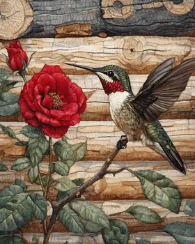 Hummingbird and Roses - Log Cabin Companions Wall Art Prints – 8″x10″ Artwork for 11″x14″ Frame