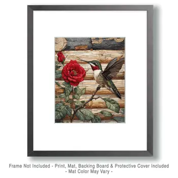 Hummingbird and Roses - Log Cabin Companions Wall Art Prints – 8″x10″ Artwork for 11″x14″ Frame