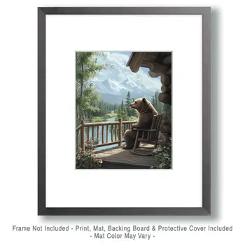 Bear on the Porch - Log Cabin Companions Wall Art Prints – 8″x10″ Artwork for 11″x14″ Frame