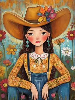 Marnie's Earrings Folk Art - Cowgirl and Cowboy Folk Art Prints  8"x10" Artwork for 11"x14" Frame
