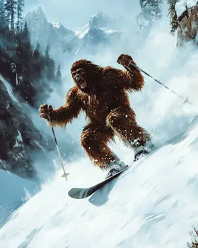 Bigfoot Hotdoggin' It - Bigfoot Skiing and Sasquatch Wall Art Prints – 8″x10″ Artwork in 11″x14″ Mat