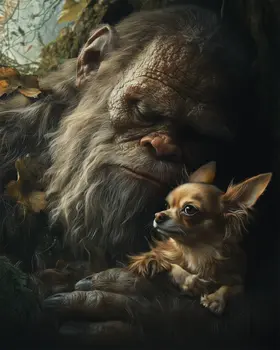 Bigfoot and Chihuahua - Bigfoot and Sasquatch Wall Art Prints – 8″x10″ Artwork in 11″x14″ Mat