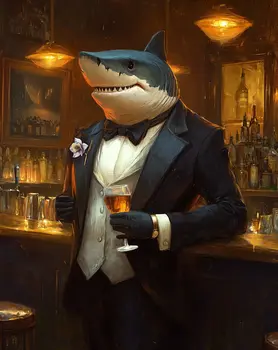 Shark Tanked – Partying Frat Shark, Humor That Bites 8″x10″ Artwork in 11″x14″ Mat