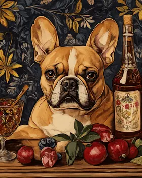 French Bulldog and Wine - Pet Dog Still Life Wall Art Prints – 8″x10″ Artwork for 11″x14″ Frame
