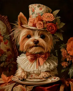 Yorkshire Terrier in Hat - Pet Dog Still Life Wall Art Prints – 8″x10″ Artwork for 11″x14″ Frame