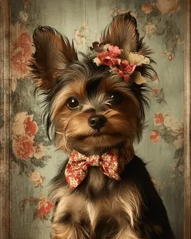 Yorkshire Terrier Puppy with Flowers - Pet Dog Still Life Wall Art Prints – 8″x10″ Artwork for 11″x14″ Frame