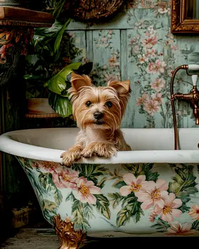 Yorkshire Terrier in Bathtub - Pet Dog Still Life Wall Art Prints – 8″x10″ Artwork for 11″x14″ Frame