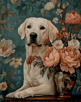 Floral Labrador Retriever - Pet Dog Still Life Wall Art Prints – 8″x10″ Artwork for 11″x14″ Frame