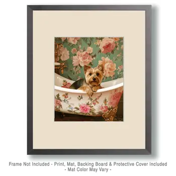 Yorkshire Terrier in Floral Bathtub - Pet Dog Still Life Wall Art Prints – 8″x10″ Artwork for 11″x14″ Frame