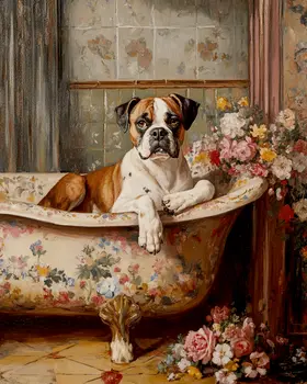 Boxer in Bathtub - Pet Dog Still Life Wall Art Prints – 8″x10″ Artwork for 11″x14″ Frame