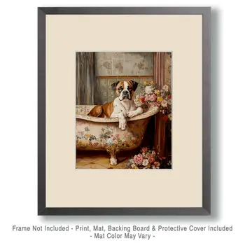 Boxer in Bathtub - Pet Dog Still Life Wall Art Prints – 8″x10″ Artwork for 11″x14″ Frame