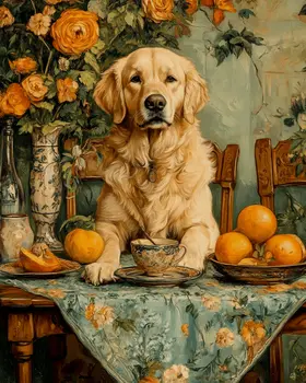 Golden Retriever at Tea - Pet Dog Still Life Wall Art Prints – 8″x10″ Artwork for 11″x14″ Frame