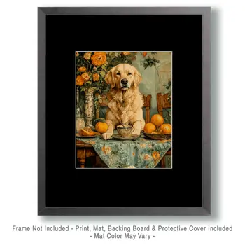 Golden Retriever at Tea - Pet Dog Still Life Wall Art Prints – 8″x10″ Artwork for 11″x14″ Frame