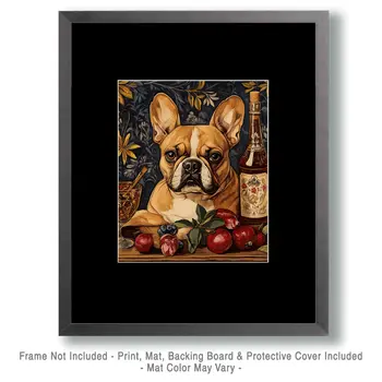 French Bulldog and Wine - Pet Dog Still Life Wall Art Prints – 8″x10″ Artwork for 11″x14″ Frame