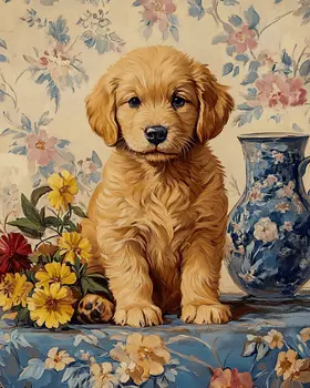 Golden Retriever Puppy Portrait - Pet Dog Still Life Wall Art Prints – 8″x10″ Artwork for 11″x14″ Frame