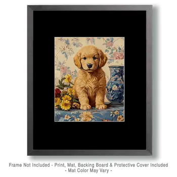 Golden Retriever Puppy Portrait - Pet Dog Still Life Wall Art Prints – 8″x10″ Artwork for 11″x14″ Frame