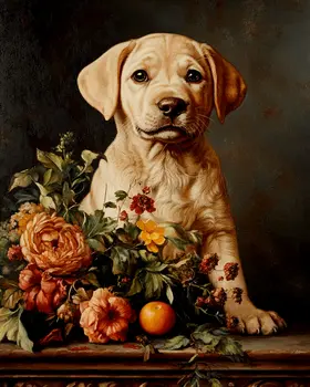 Golden Retriever Puppy Ready to Play - Pet Dog Still Life Wall Art Prints – 8″x10″ Artwork for 11″x14″ Frame