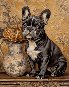 French Bulldog Puppy and Vase - Pet Dog Still Life Wall Art Prints – 8″x10″ Artwork for 11″x14″ Frame