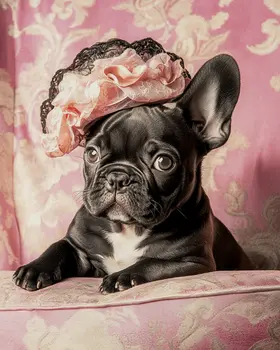 French Bulldog Puppy in Pink Hat - Pet Dog Still Life Wall Art Prints – 8″x10″ Artwork for 11″x14″ Frame